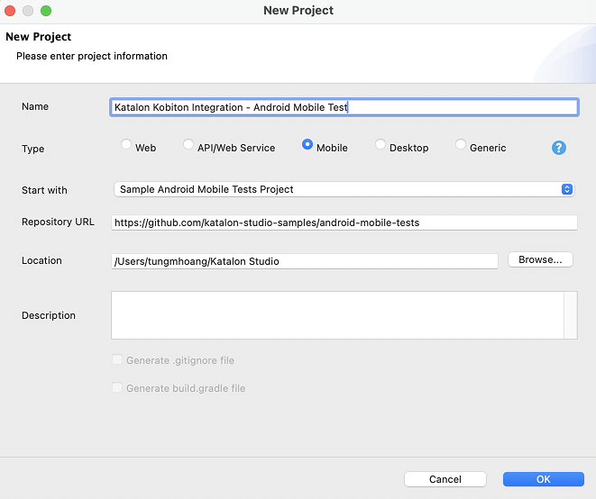 Creating a new mobile test project in Katalon with Kobiton sample project template.