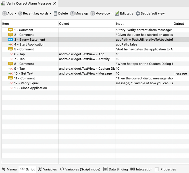 Default view of a test case in Katalon.