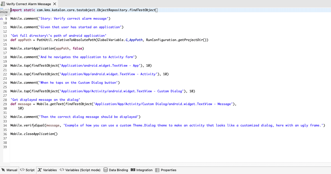 Script view of a test case in Katalon.