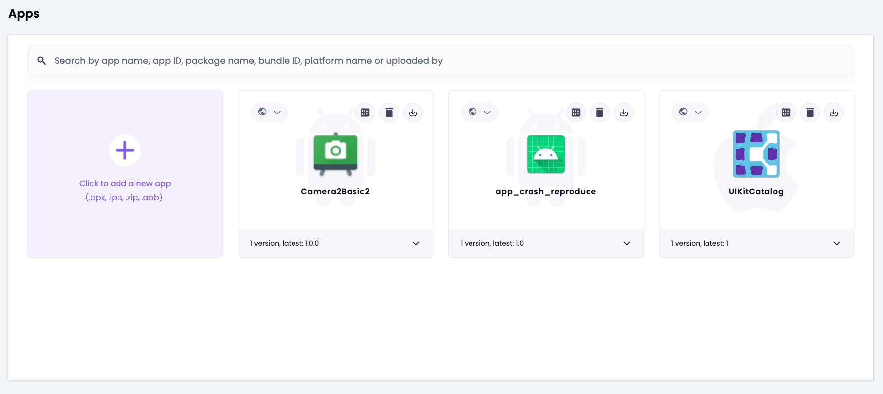 Kobiton Apps dashboard showing uploaded Android and iOS applications.
