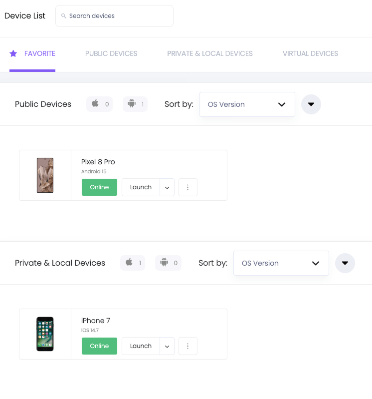 Device list in Kobiton platform showing favorite Android and iOS devices available for testing.
