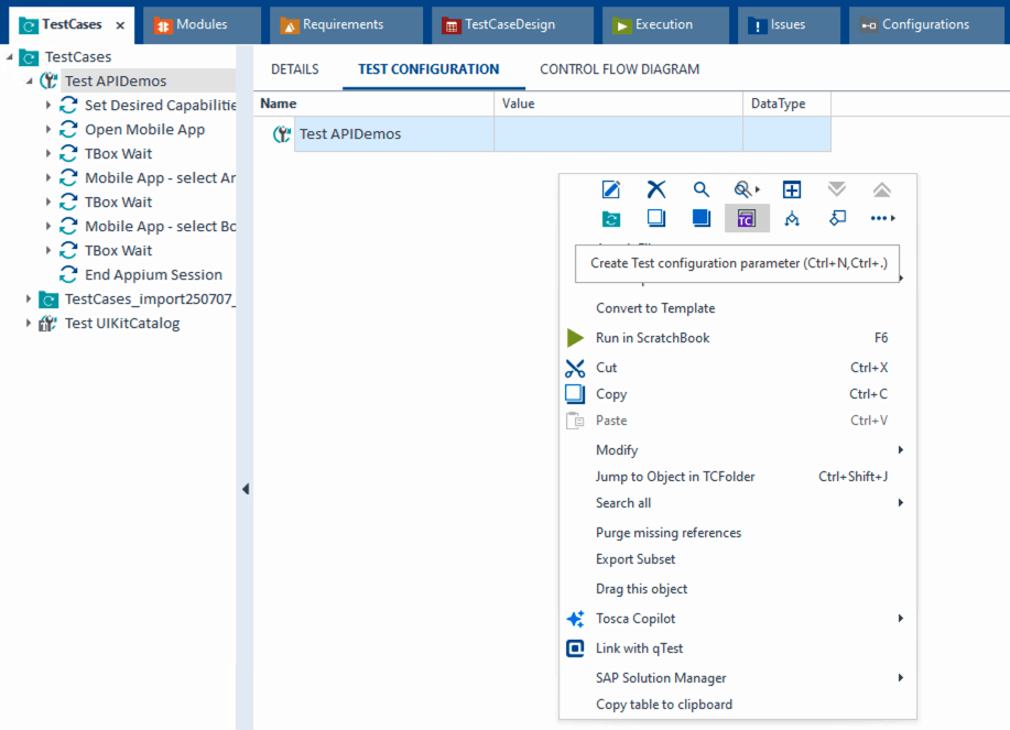 Tosca interface showing a context menu to create a test configuration parameter for the Test APIDemos case.