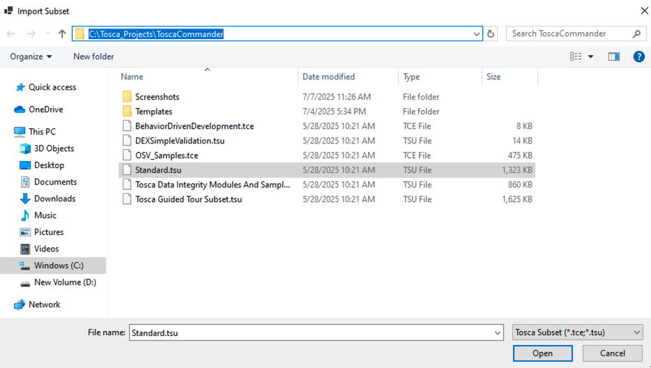 File explorer window used to import a Tosca subset file from the ToscaCommander directory.