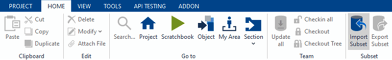 Tosca Project menu with the Import Subset button highlighted under the Subset section.
