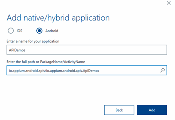 Add native or hybrid application screen with Android option selected and APIDemos package specified.