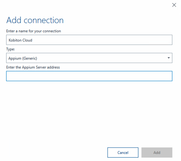 Add connection screen in Tosca with connection named 'Kobiton Cloud' using Appium (Generic) type.
