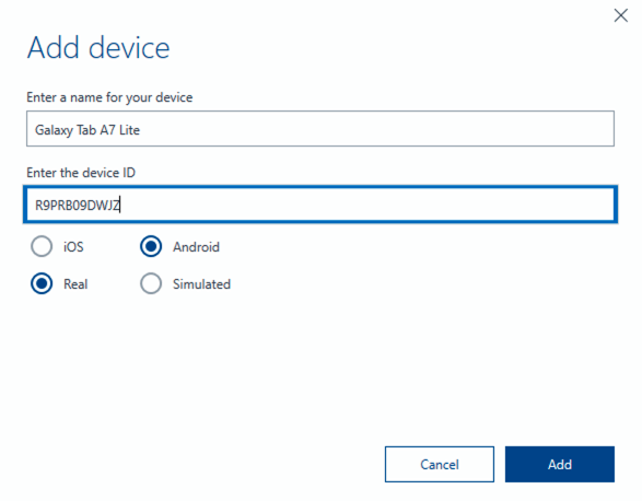 Add device screen with Galaxy Tab A7 Lite specified as a real Android device with its device ID.