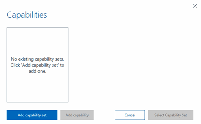 Tosca capabilities screen prompting the user to add a new capability set.