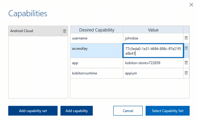 Tosca capabilities screen showing a populated capability set for Android Cloud including accessKey, app, and runtime.