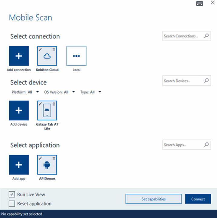 Tosca mobile scan setup screen with selected connection, device, and application ready for capability assignment.