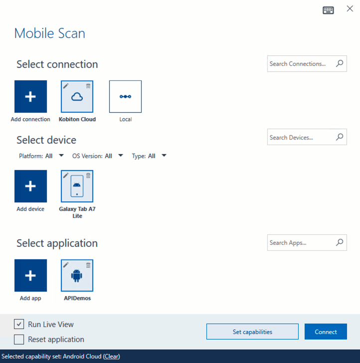 Tosca mobile scan setup screen with Kobiton Cloud, Galaxy Tab A7 Lite, and APIDemos application selected.
