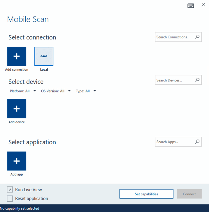 Mobile scan setup screen in Tosca with only Local connection selected and no device or app configured.
