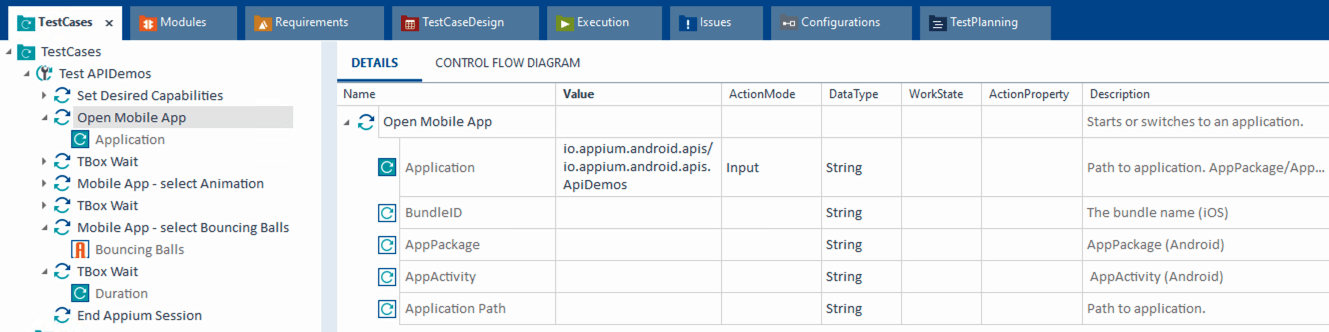 Open Mobile App step in Tosca displaying input fields for app package, activity, and path.