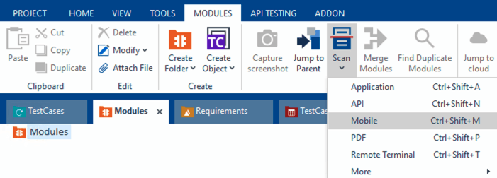 Tosca Modules tab showing options for scanning mobile applications and other formats.