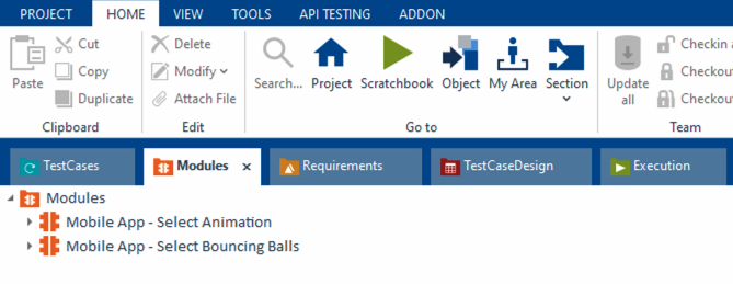 Modules section in Tosca listing scanned modules including Mobile App - Select Animation and Bouncing Balls.
