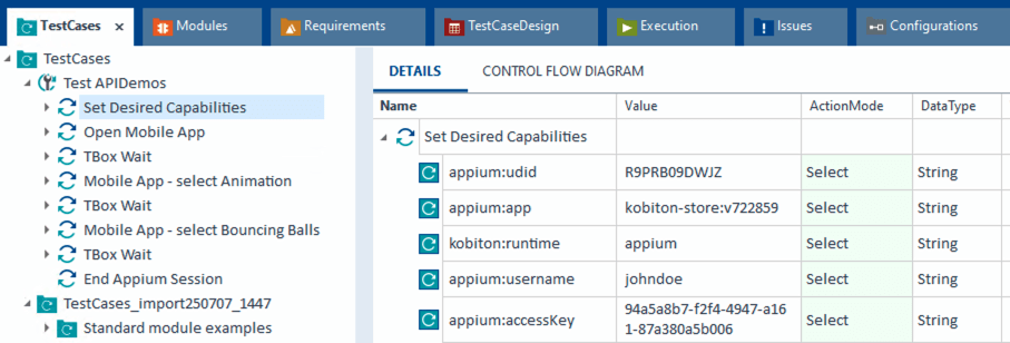 Set Desired Capabilities test step in Tosca showing fields like udid, app, runtime, username, and accessKey.