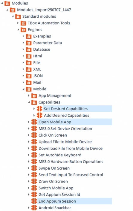 Expanded view of standard Tosca modules including Mobile app management and capabilities.