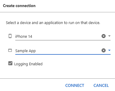 Create connection tab open showing the chosen device, app, and logging enabled option selected.