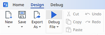 UiPath menu ribbon items with debug file option highlighted.