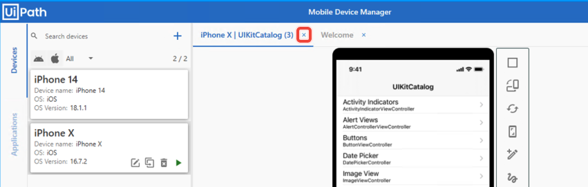 Mobile device manager showing device selection with highlighted x to close window.