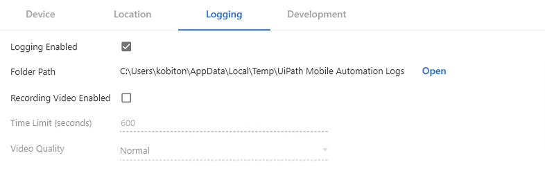 Logging tab open showing logging enables and folder path.