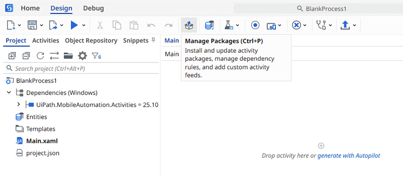 UiPath open tab showing Manage Packages ribbon item.