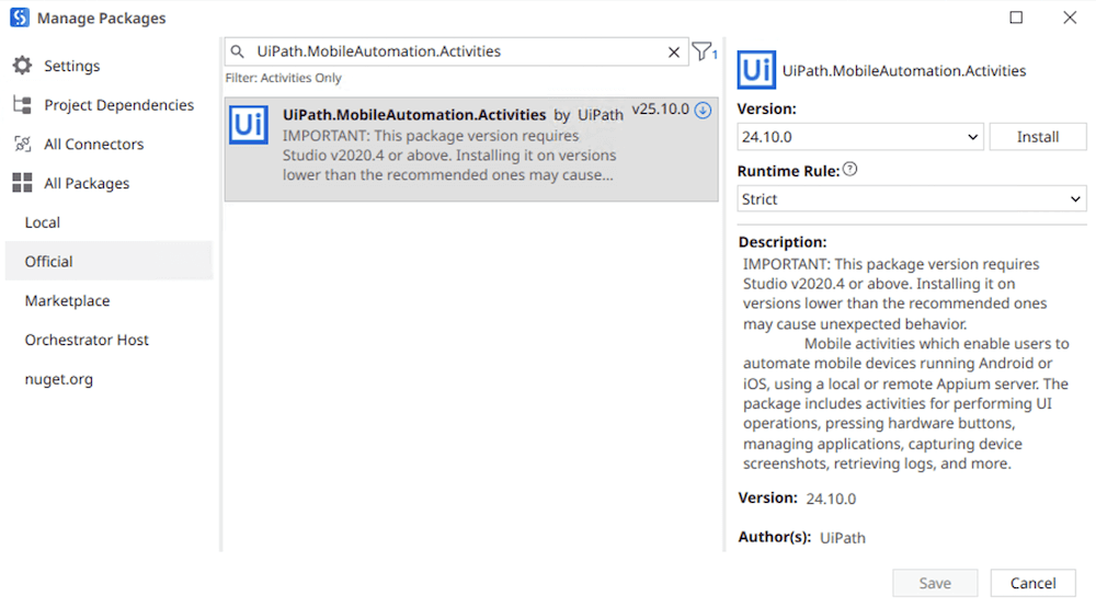 UiPath manage packages menu open to official tab which shows version number and gives option to install.