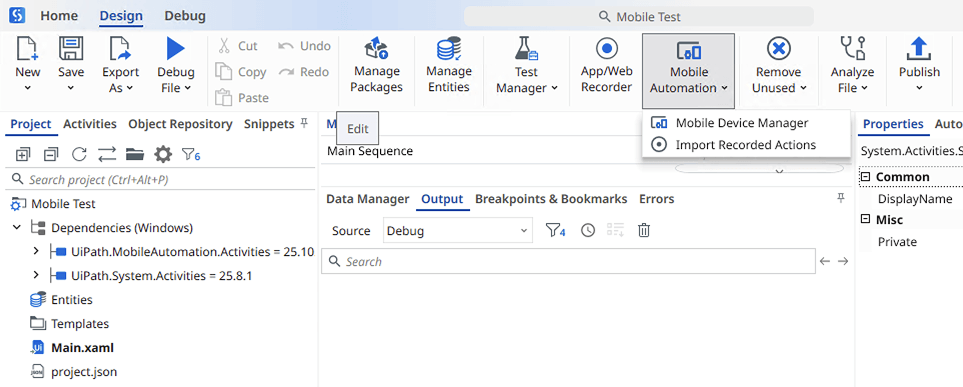 UiPath mobile automation ribbon tab open with options menu.