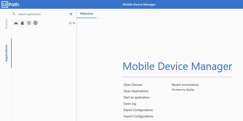 UiPath mobile device manager window open to applications tab.
