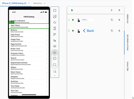 UIKitCatalog tab open with alert views highlighted in green on the device screen.