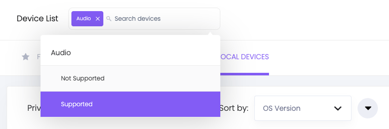 Device filter showing the Audio capability filter with Supported selected