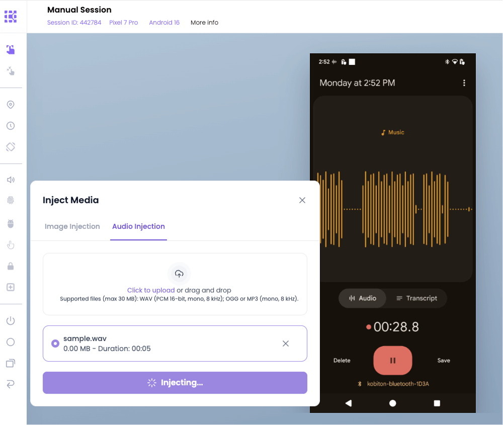 Waveform and timer show in-progress status