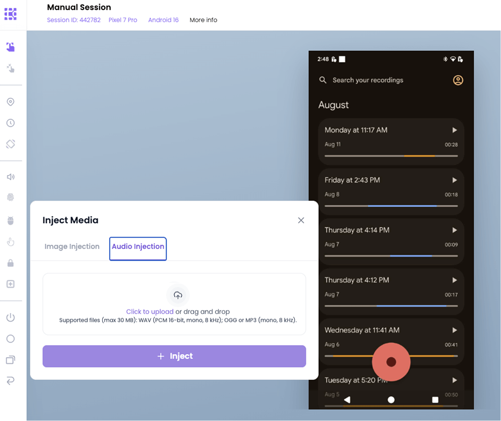 Inject media menu opens to allow image and audio injection