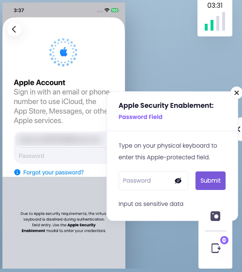 The Apple Security Enablement window next to the Apple Account password field on the device screen
