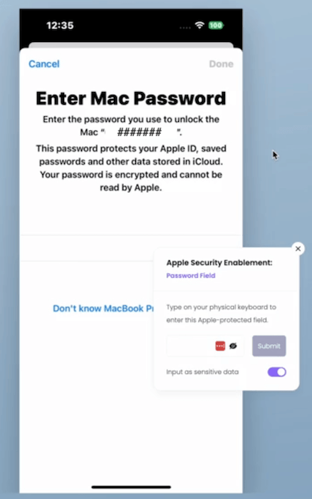 The Apple Security Enablement window next to the Enter Mac Password prompt on the device screen