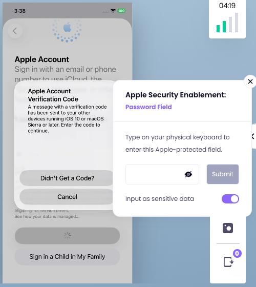 The Apple Security Enablement window next to the Apple Account Verification Code prompt on the device screen