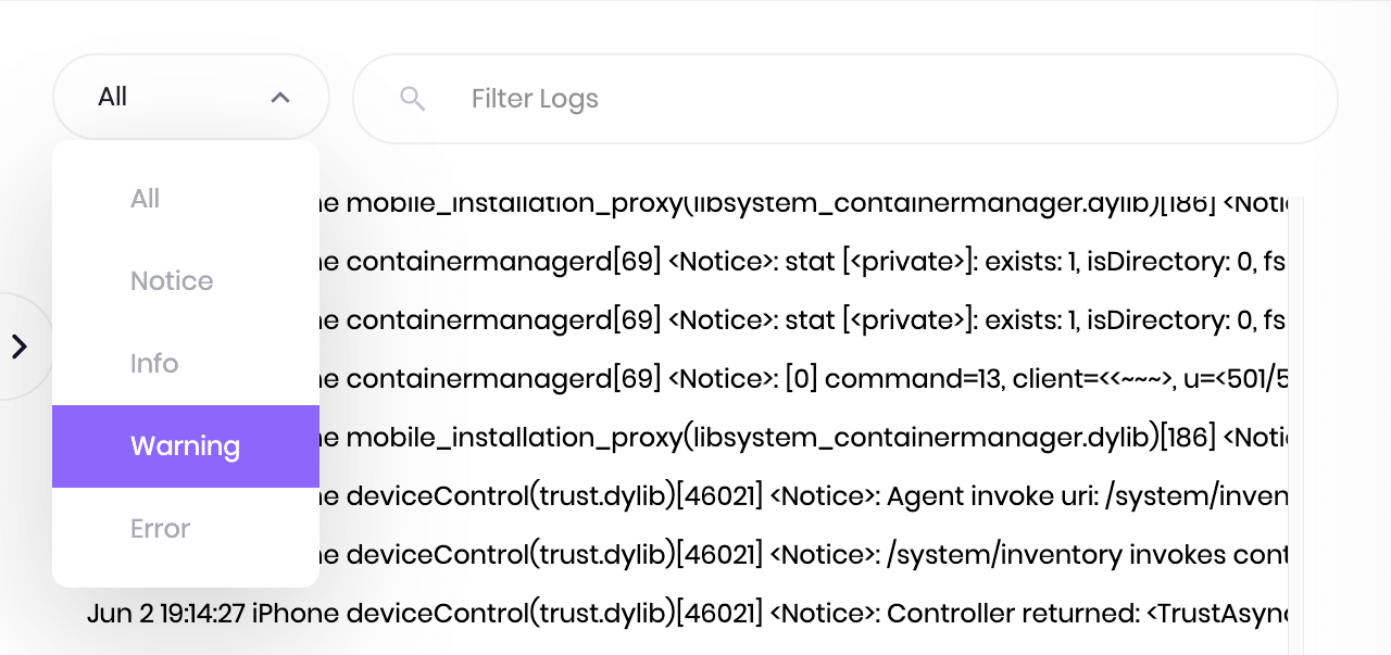 A closeup of the list of filters with Warning highlighted.