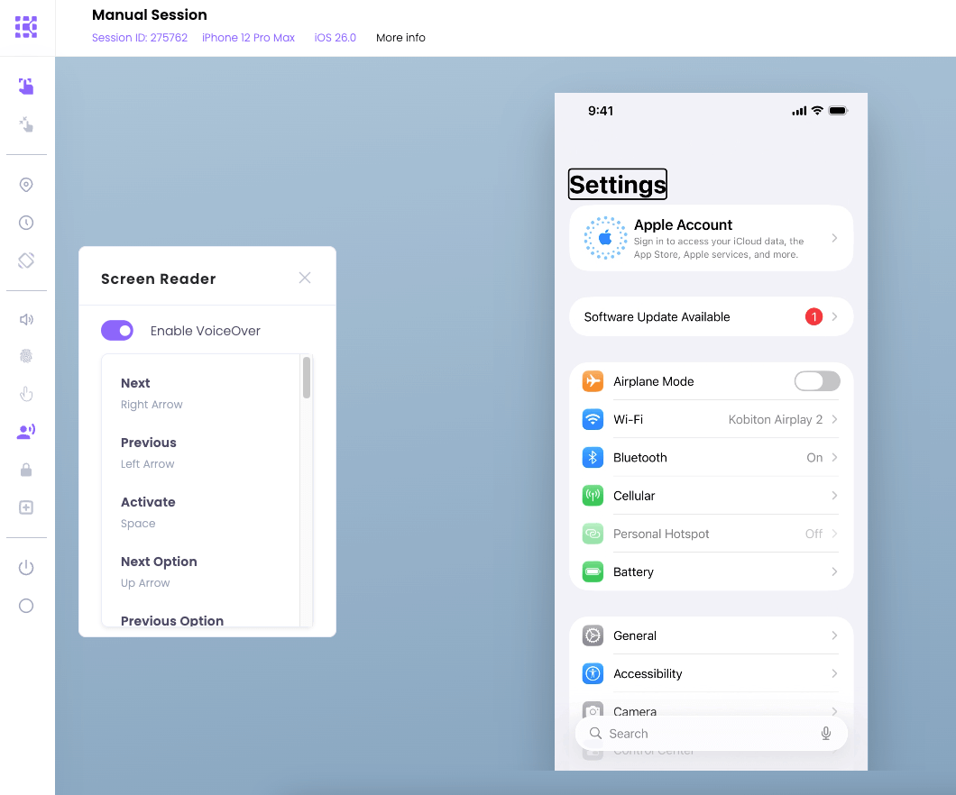 Screenshot of the Screen Reader modal