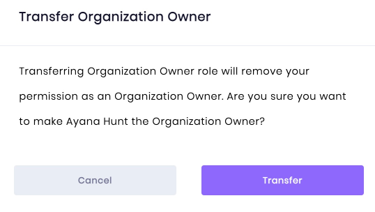 A confirmation pop-up asking of ownership transfer