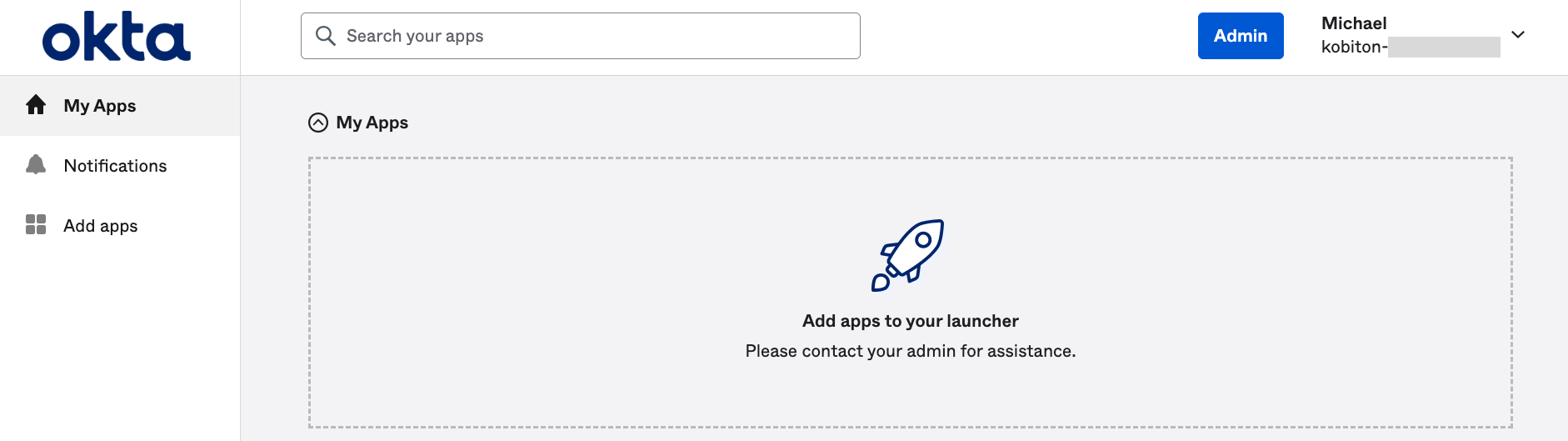 The Admin button in Okta home page