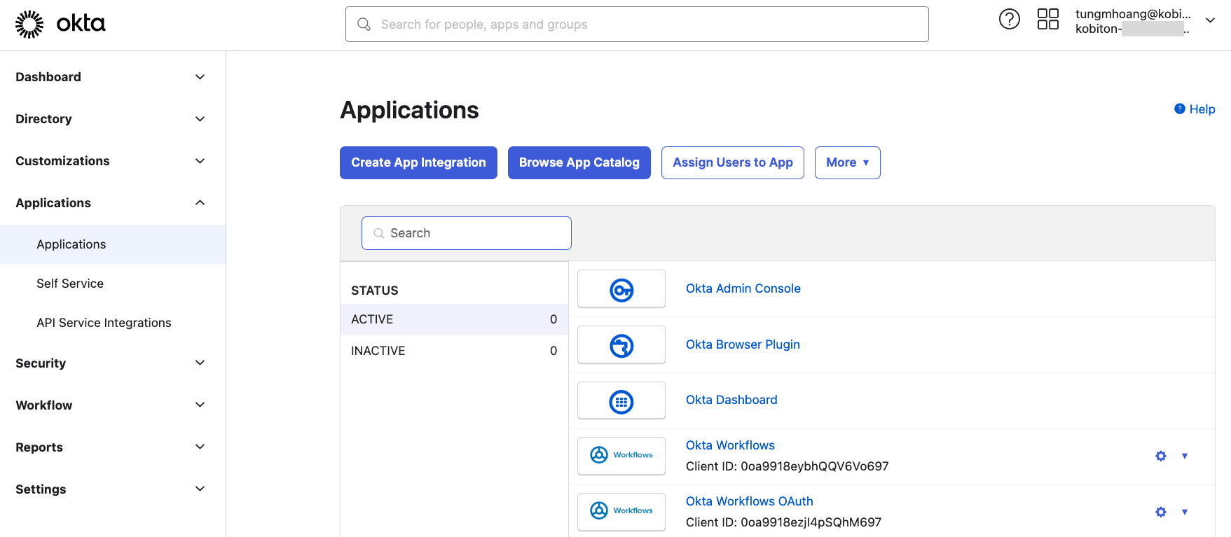 The Applications page with the Create App Integration option