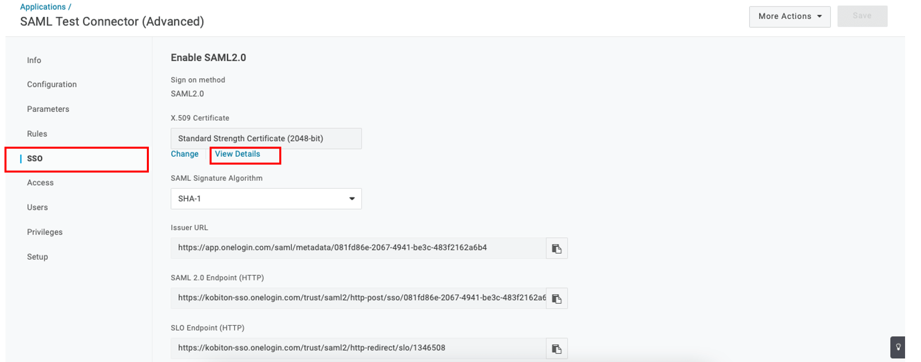 Select SSO in SAML Test Connector