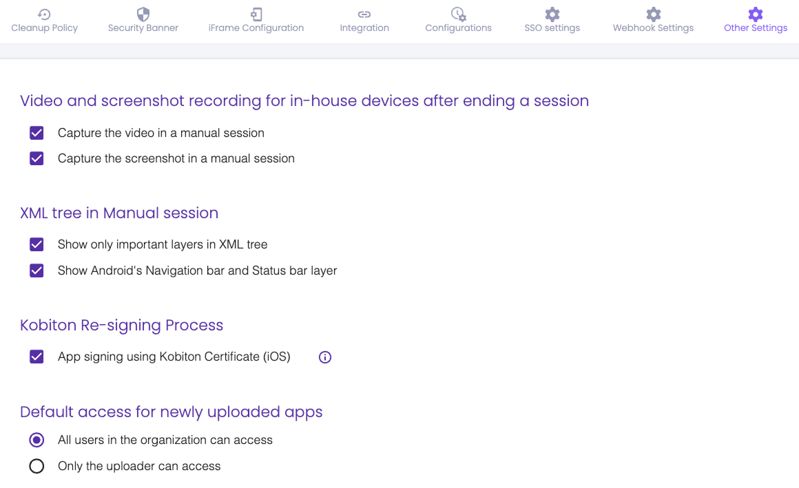 The Other Settings page in Organization Settings