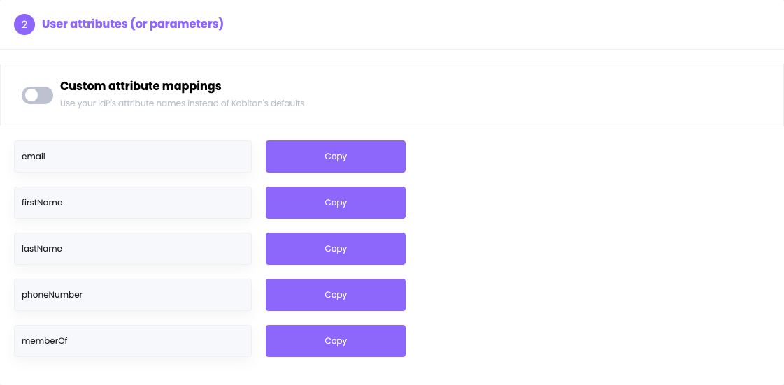 User attributes section with Custom attribute mappings turned off, showing the read-only attribute names with Copy buttons