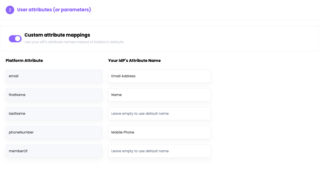 User attributes section with Custom attribute mappings turned on, showing the two-column Platform Attribute and Your IdP’s Attribute Name mapping table