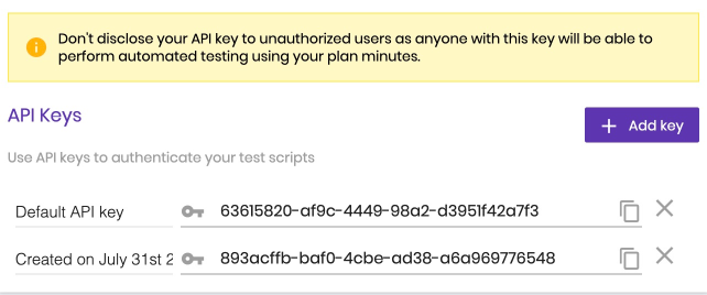 A closeup to select Add key in API keys