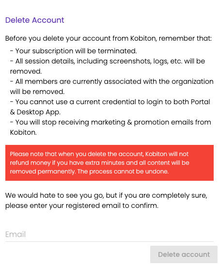 Delete Account box with the Email field and Delete account button