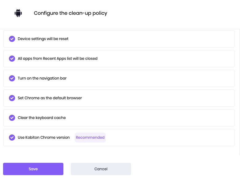 The Cleanup Policy configure screen with the Clear the keyboard cache option
