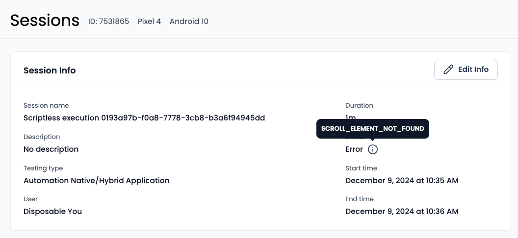 The shortened error message shown next to the session status in the Session Overview of Test Run