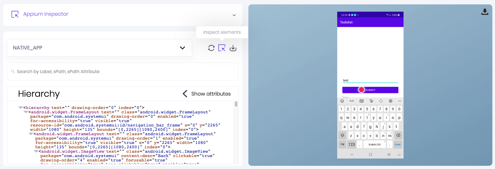 Select Inspect Element and hover over a visual element on device screen